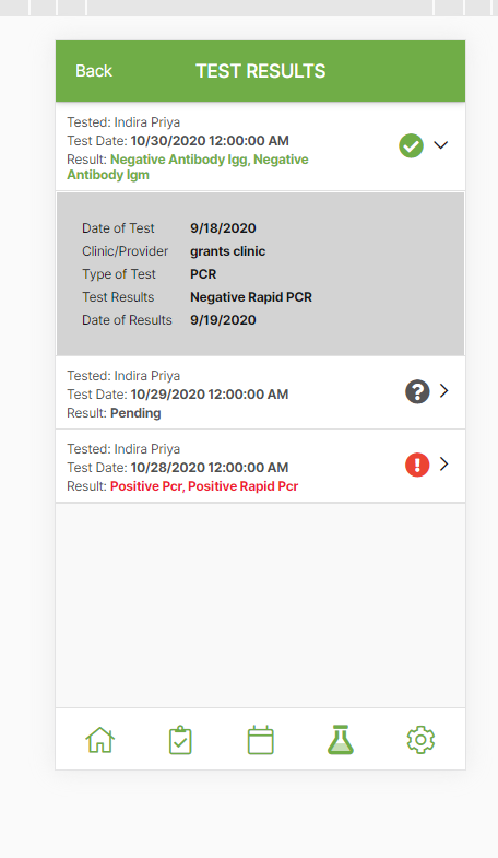 CheckIn2Work Red and Green Testing results